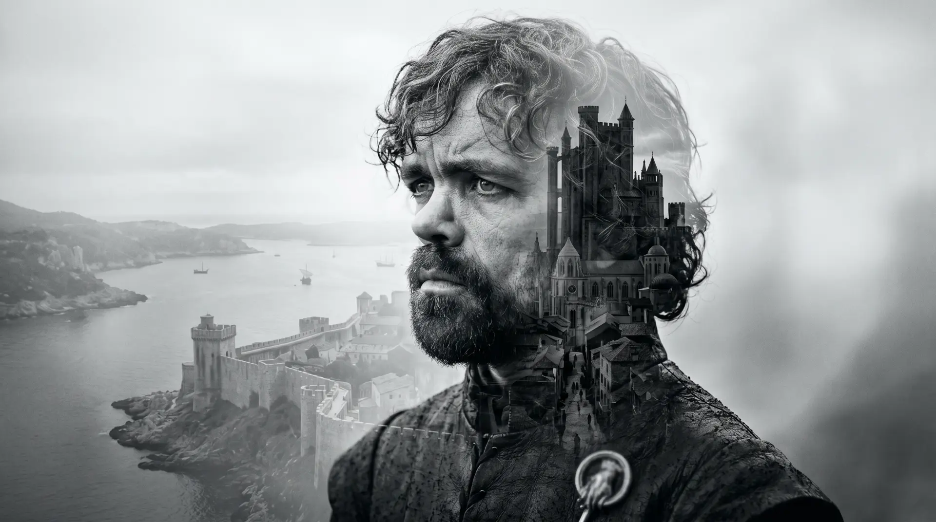 A double exposure artwork inspired by an epic fantasy realm, blending a character portrait with a dramatic landscape.