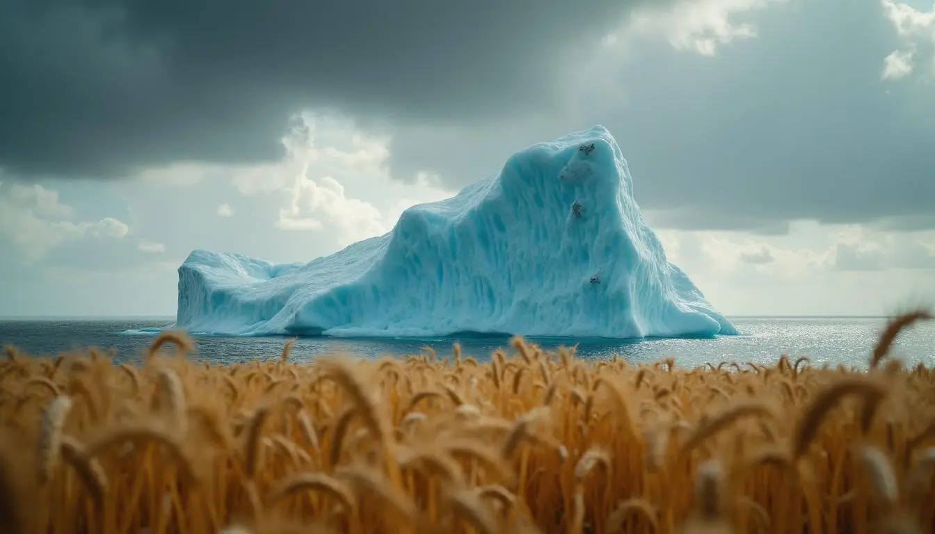 An iceberg rising from the sea with a golden wheat field in the foreground.