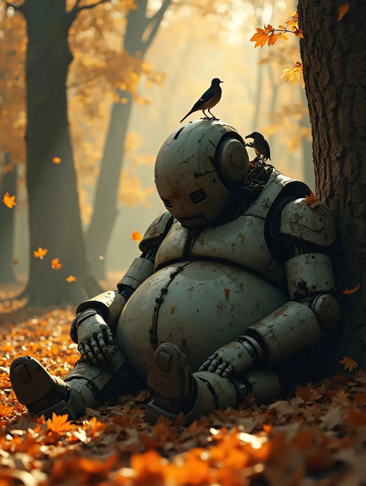 A sleeping robot in an autumn forest with birds perched on its head.