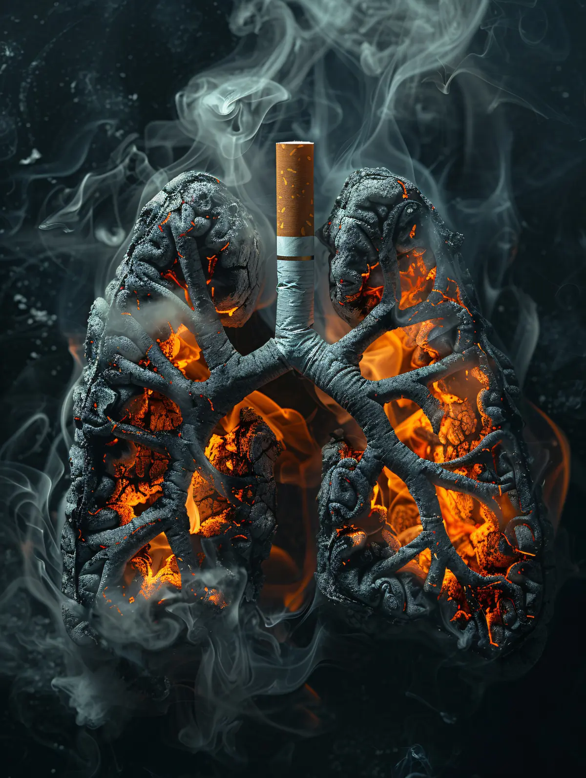 A diseased lung being burned by a cigarette.
