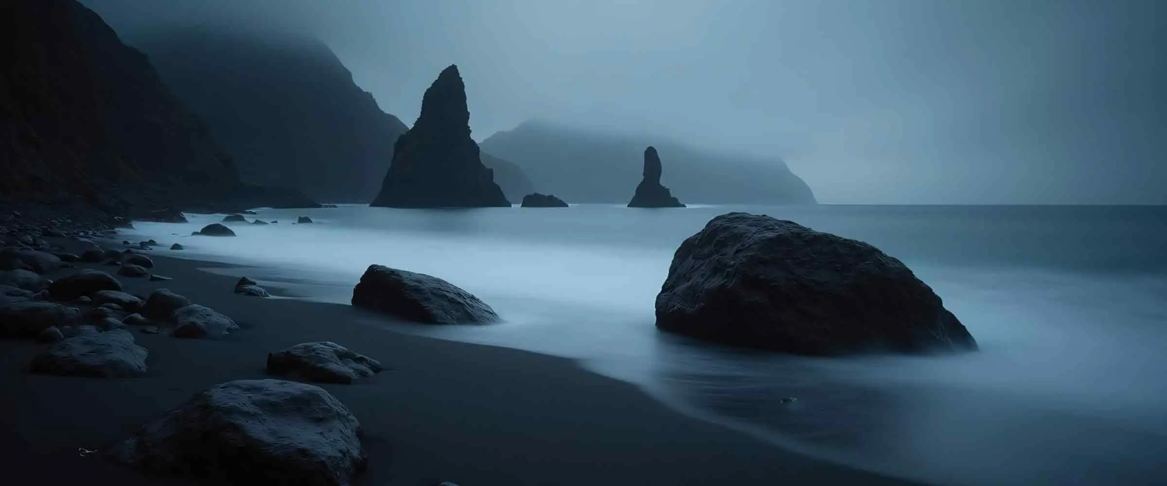A black sand beach with rugged rock formations along the shoreline.