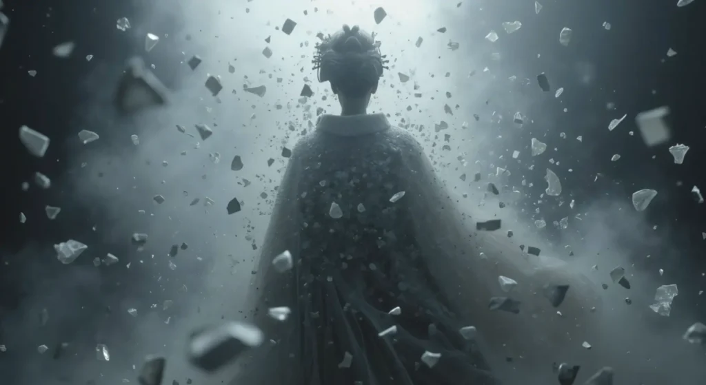 A surreal geisha seen from behind, surrounded by floating fragments.